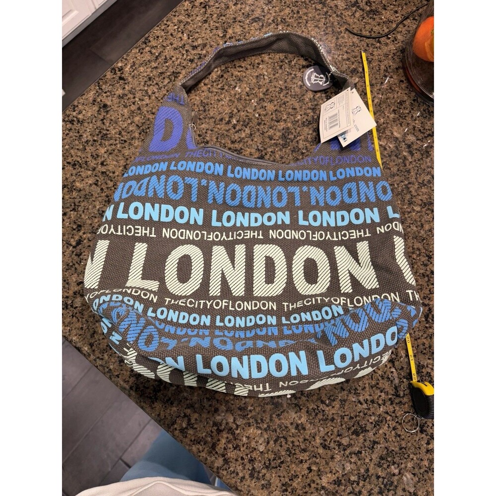 NWT Robin Ruth London Canvas Hobo Bag Blue Charcoal Typographic Shoulder Purse